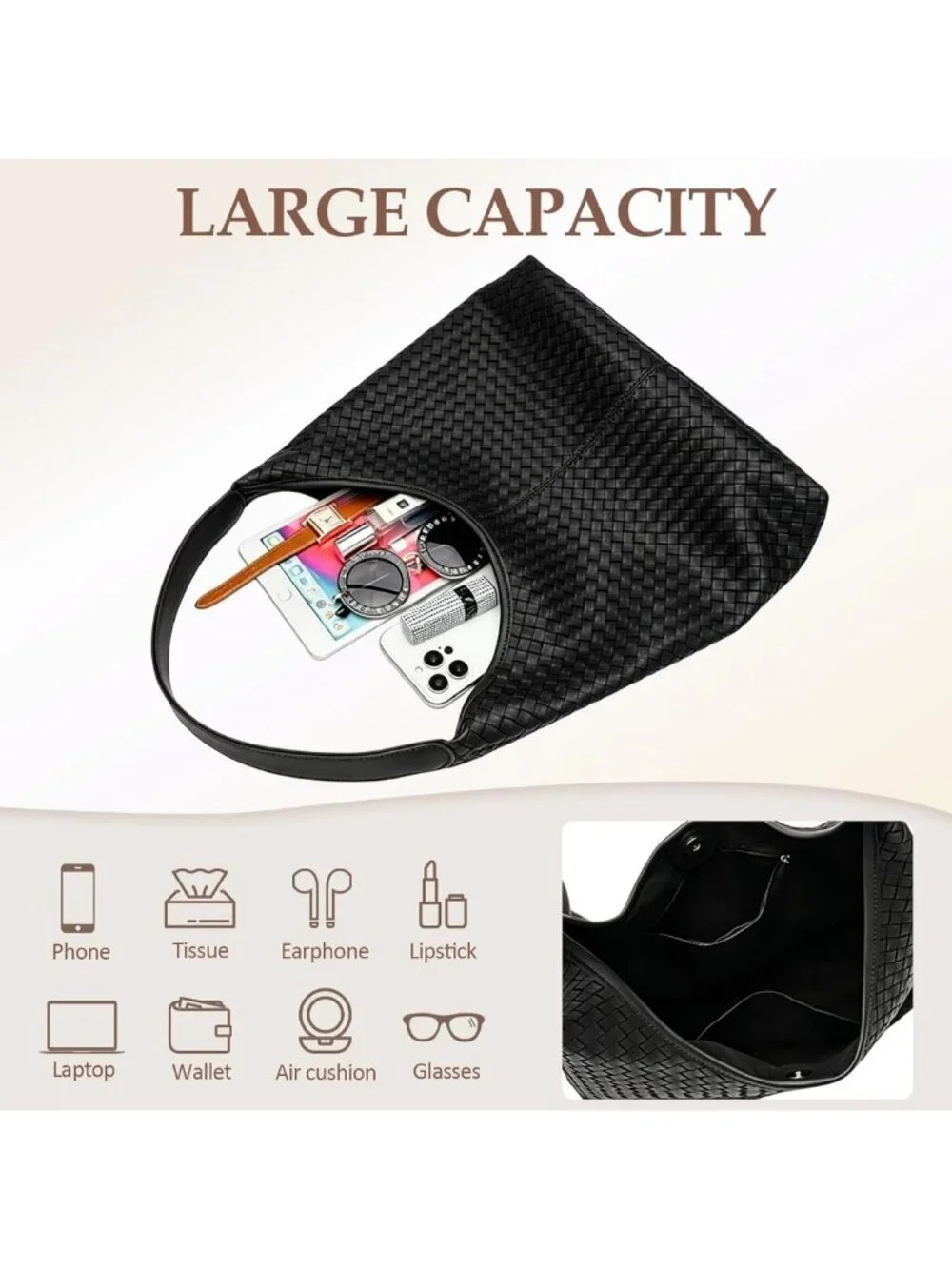 Trendy Woven Tote Bag for Women, Vegan Leather Hobo, Large Capacity Slouchy